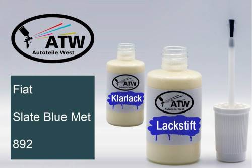 Fiat, Slate Blue Met, 892: 20ml Lackstift + 20ml Klarlack - Set, von ATW Autoteile West.